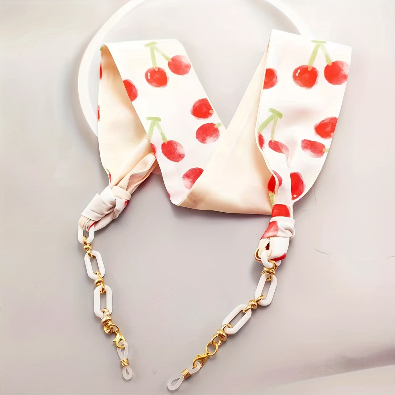 Eyewear Accessories Set with Cherry and Flower Pattern Scarf Glasses Chain Sunglasses Lanyard and Face Covering Strap