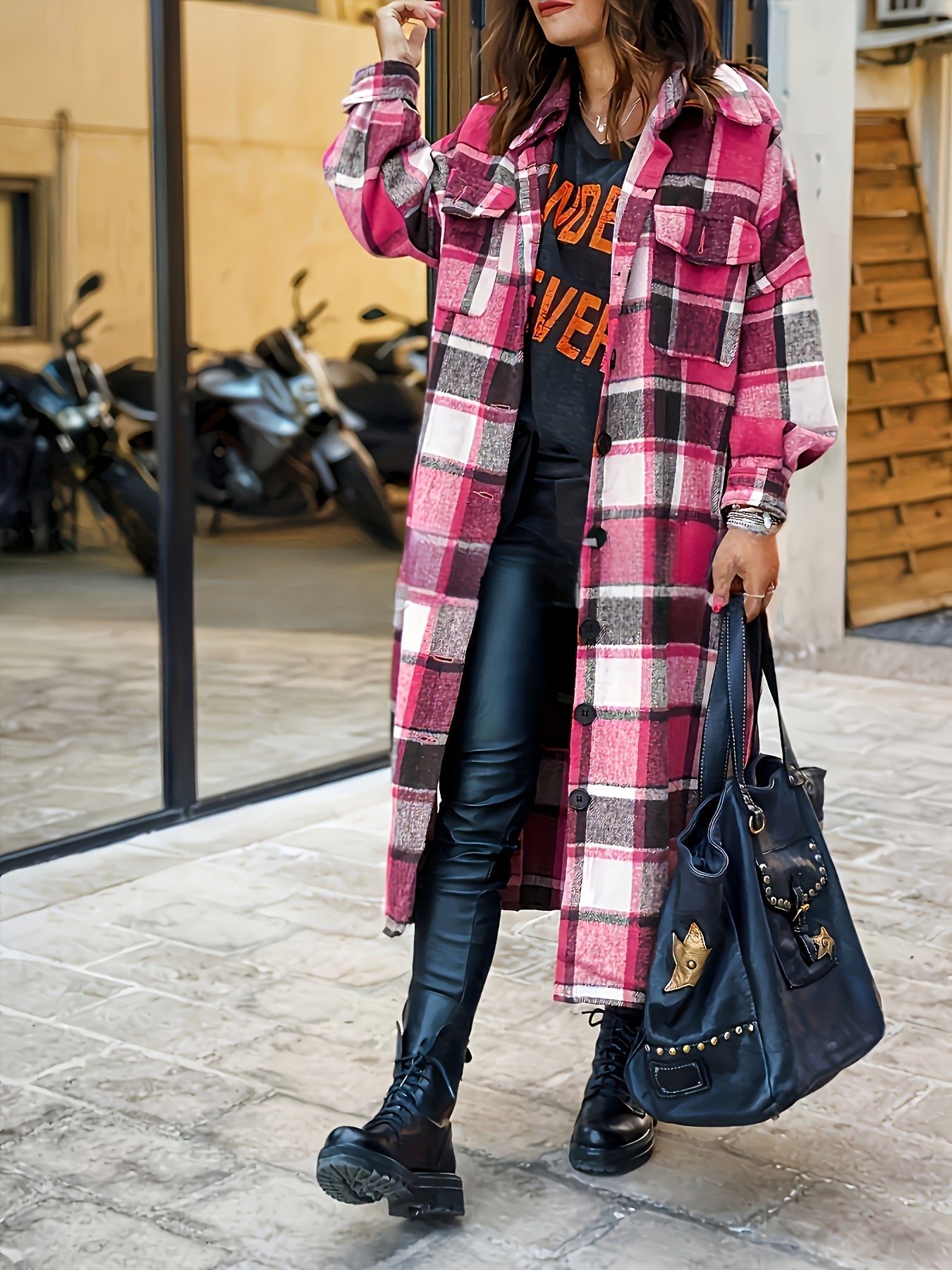 Plus Size Plaid Trench Coat with Side Slits Lapel Collar Fleece Blend Casual Outerwear