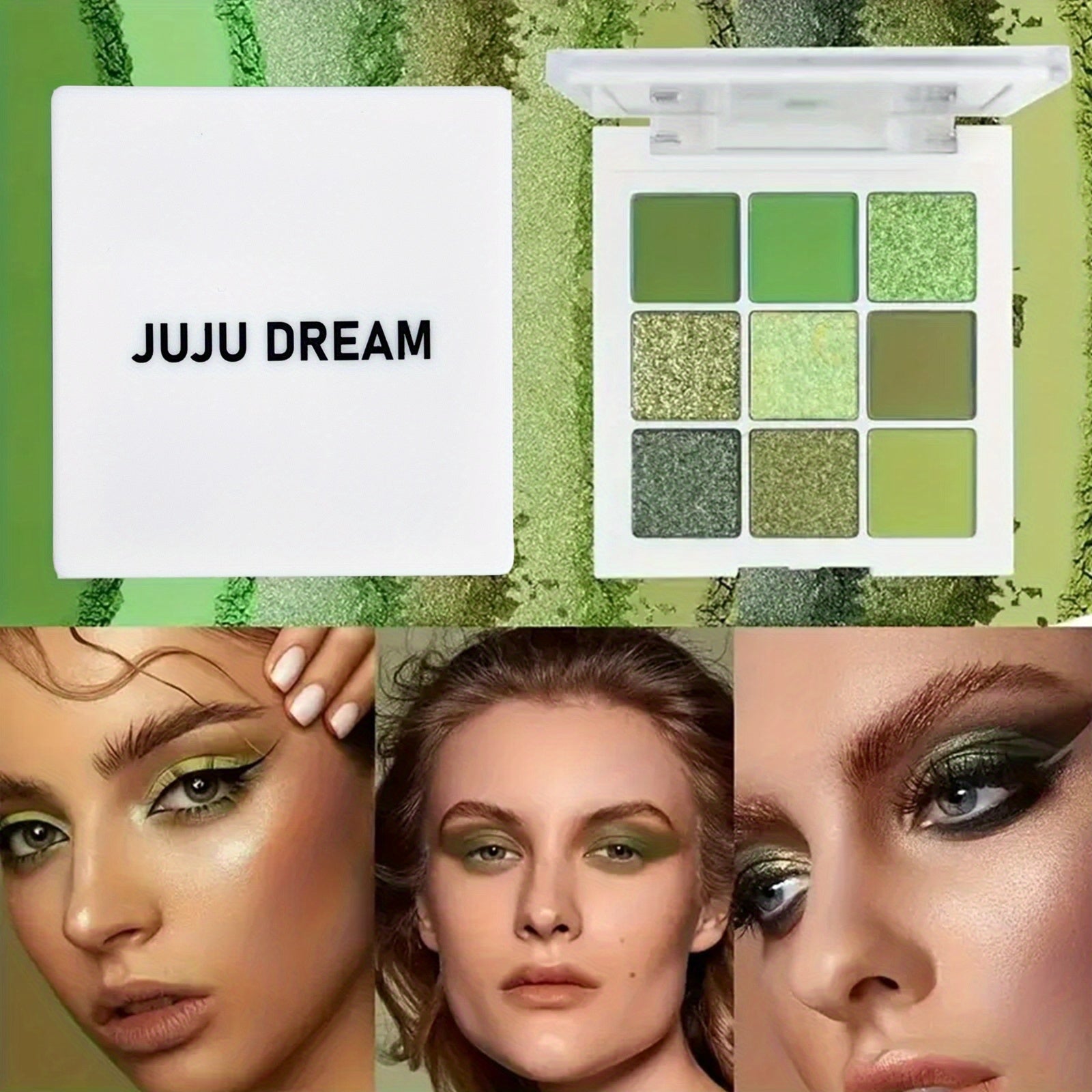 Yashil ko‘z makiyaji palitrasi 9 ta rangli mat, shaffof va suvga chidamli, uzoq davom etadigan