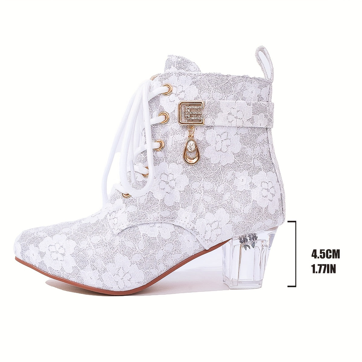 Women's Floral Lace-Up Chunky Mid-Heel Ankle Boots with Pointed Toe