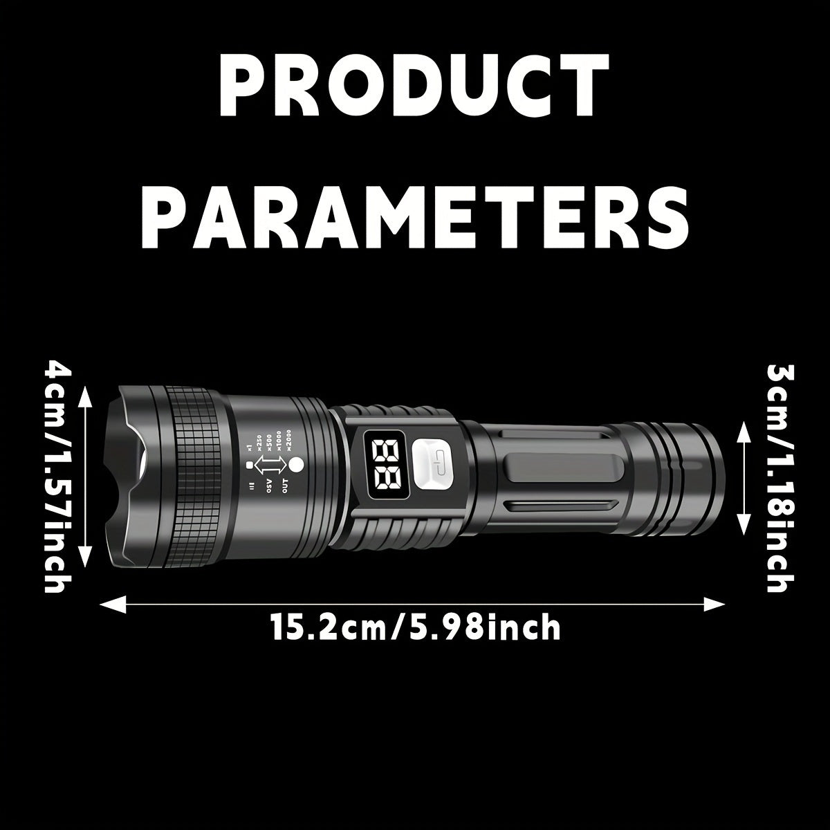 Rechargeable Tactical LED Flashlight with Digital Display, 3 Modes, Outdoor Use