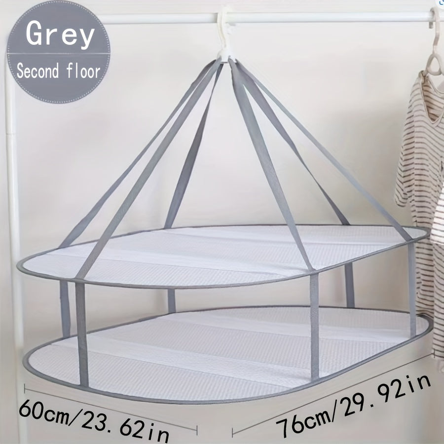 Grey Three-Story Clothes Dryer with Mesh Netting for Large Items and Wind Protection