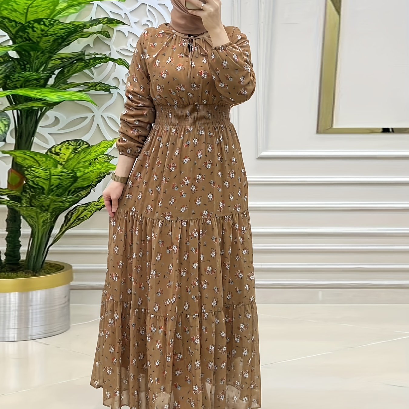 Women's Floral Long Sleeve Maxi Dress with Shirred Waist and Ruffle Hem