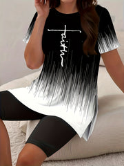 Women Two-Piece Summer Outfit Short-Sleeve Top Shorts Digital Print Plus Size