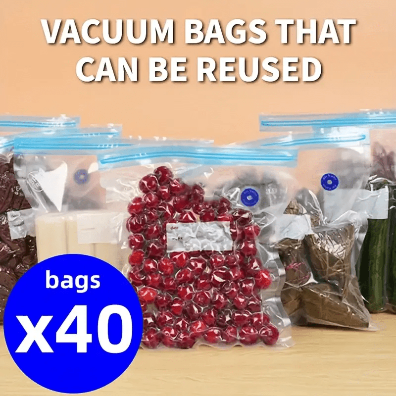 40 Pieces Reusable Vacuum Sealer Bags with Blue Zippers for Food Storage Airtight PE+PA