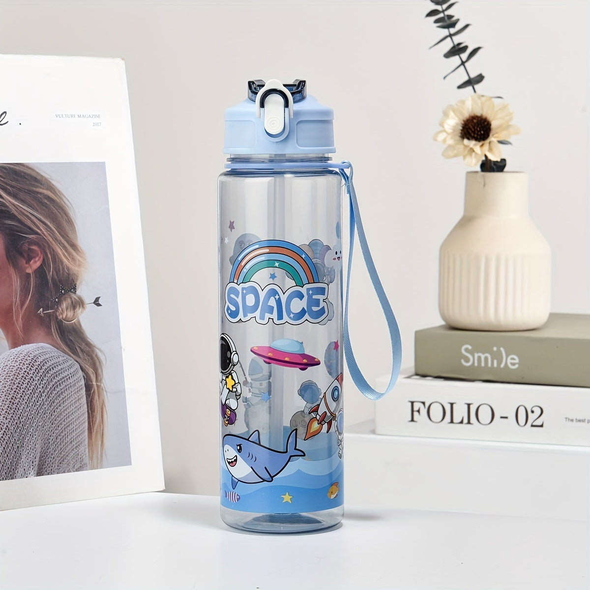 Space-Themed Astronaut Water Bottle with Straw Lightweight PVC-Free for Outdoor and Back-to-School