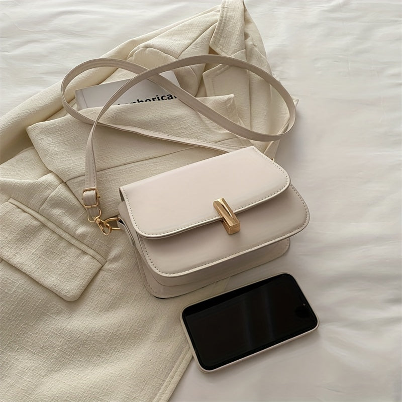 Women's PU Crossbody Bag with Adjustable Strap and Turn-Lock Closure in Black or White