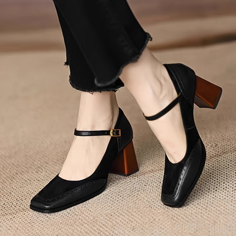Women's Black Vintage Square Toe Pumps with Ankle Strap and Chunky Heels