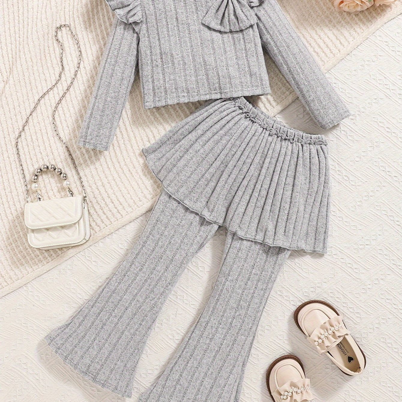 Girls' Fall Winter Solid Color Ribbed Bow Top and Bell-Bottom Pants Set