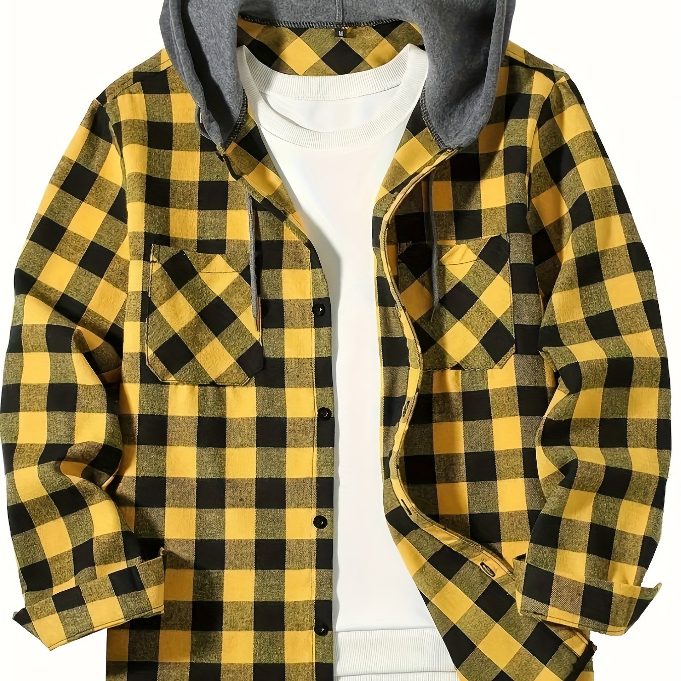 Men's Hooded Plaid Shirt Long Sleeve Casual Spring Fall Polyester Rayon