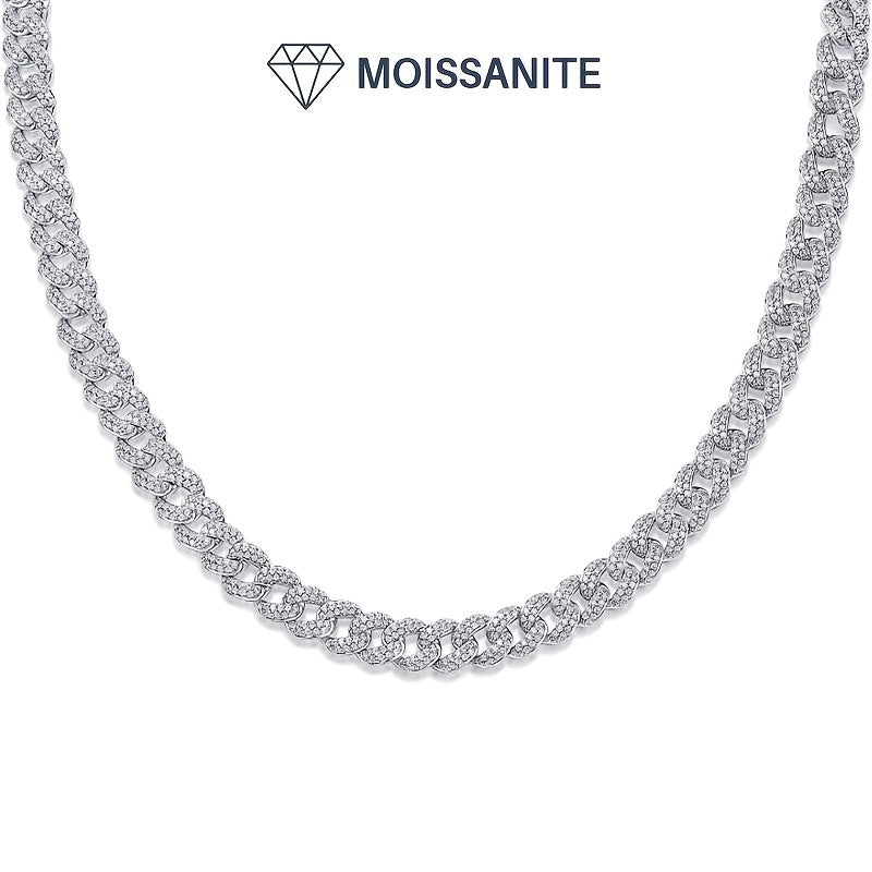 Sterling Silver Cuban Chain Necklace with Moissanite for Men and Women
