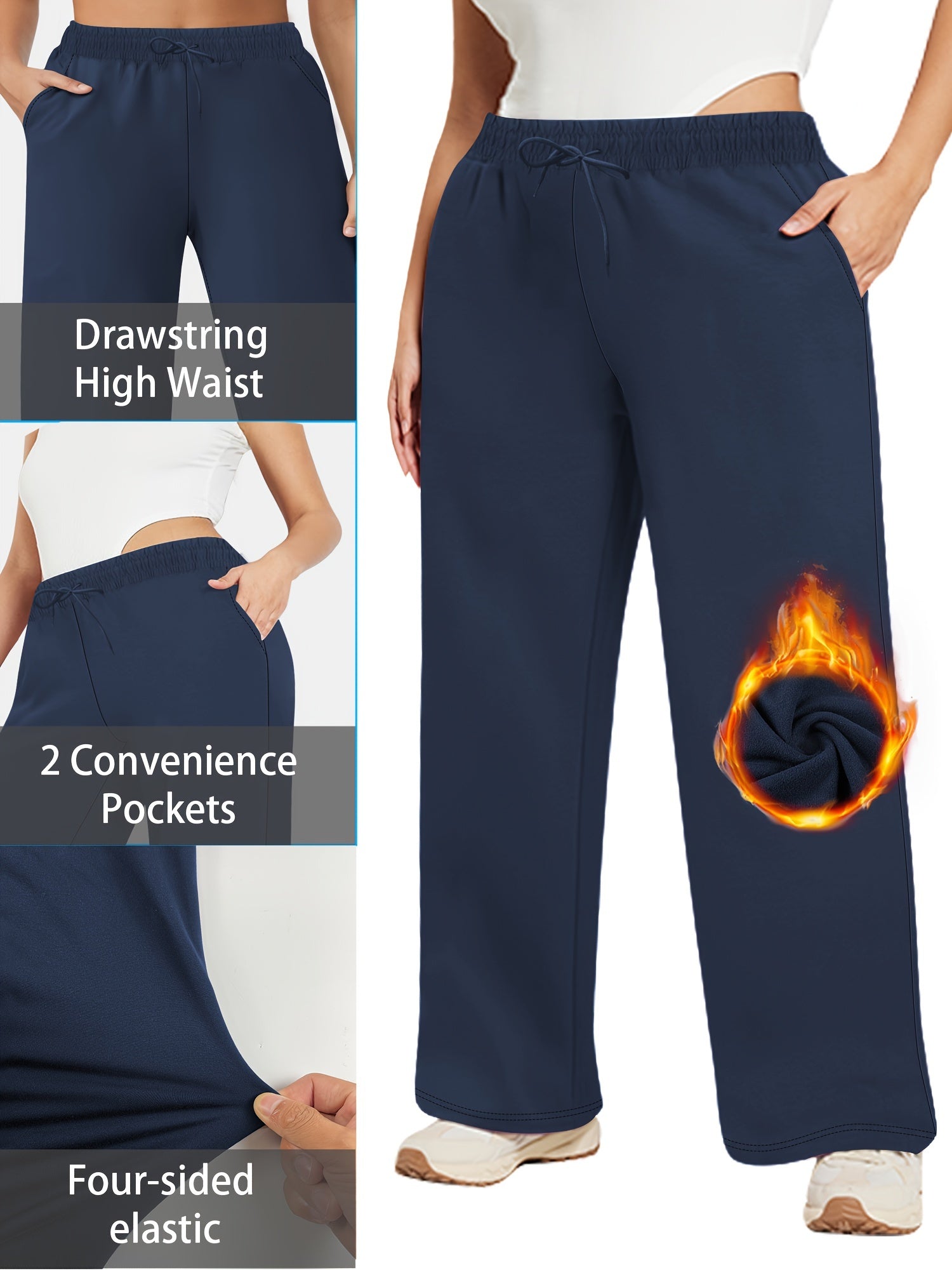 Women's Plus Size Fleece-Lined Wide Leg Pants Warm Stretchy Drawstring