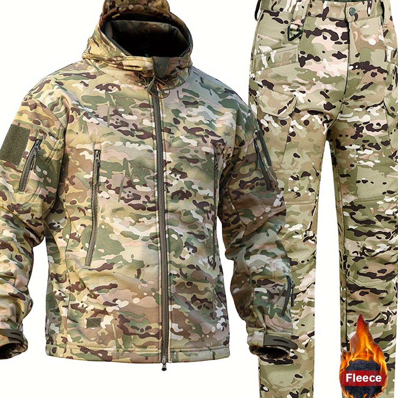 Men's Camouflage Outdoor Gear Set Windproof Hooded Jacket and Fleece Pants for Hiking Hunting and Casual Wear