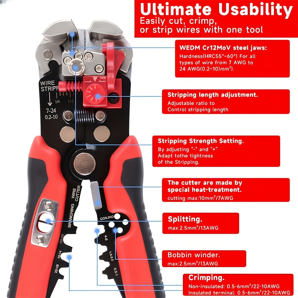 Electrician Automatic Wire Stripper 24-10AWG Multi-Function Cable Cutter Crimper Winding