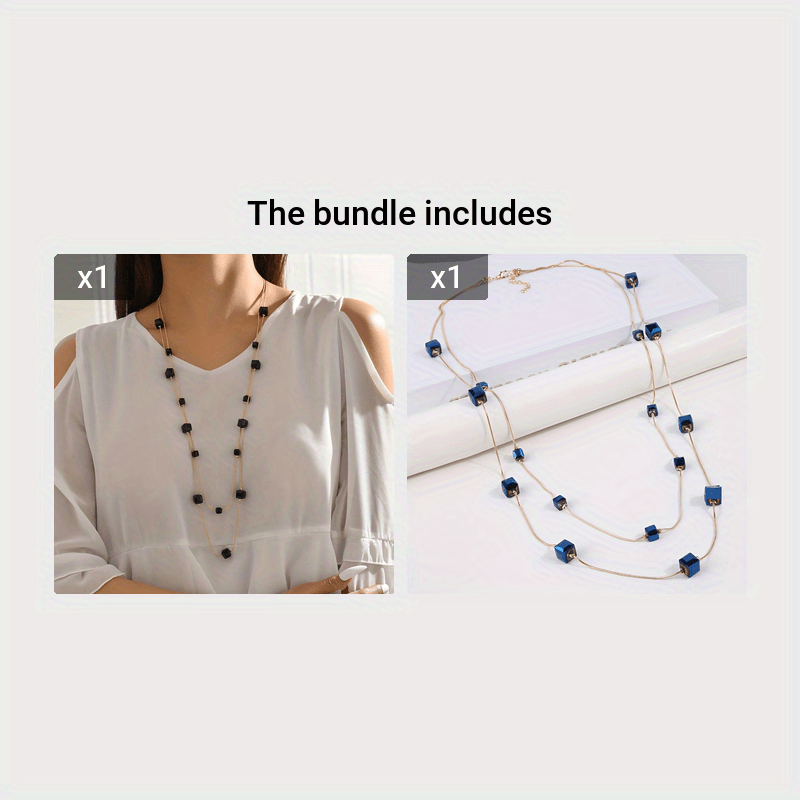 Women's Long Sweater Chain Necklace with Square Crystal Pendant