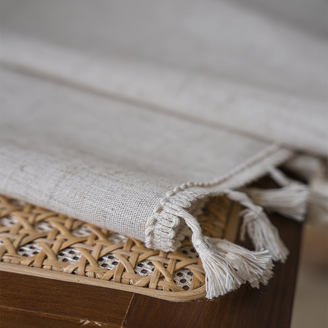 Linen Crochet Curtain with Tassels Semi-Sheer Rod Pocket Farmhouse Style for Living Room Bedroom Kitchen