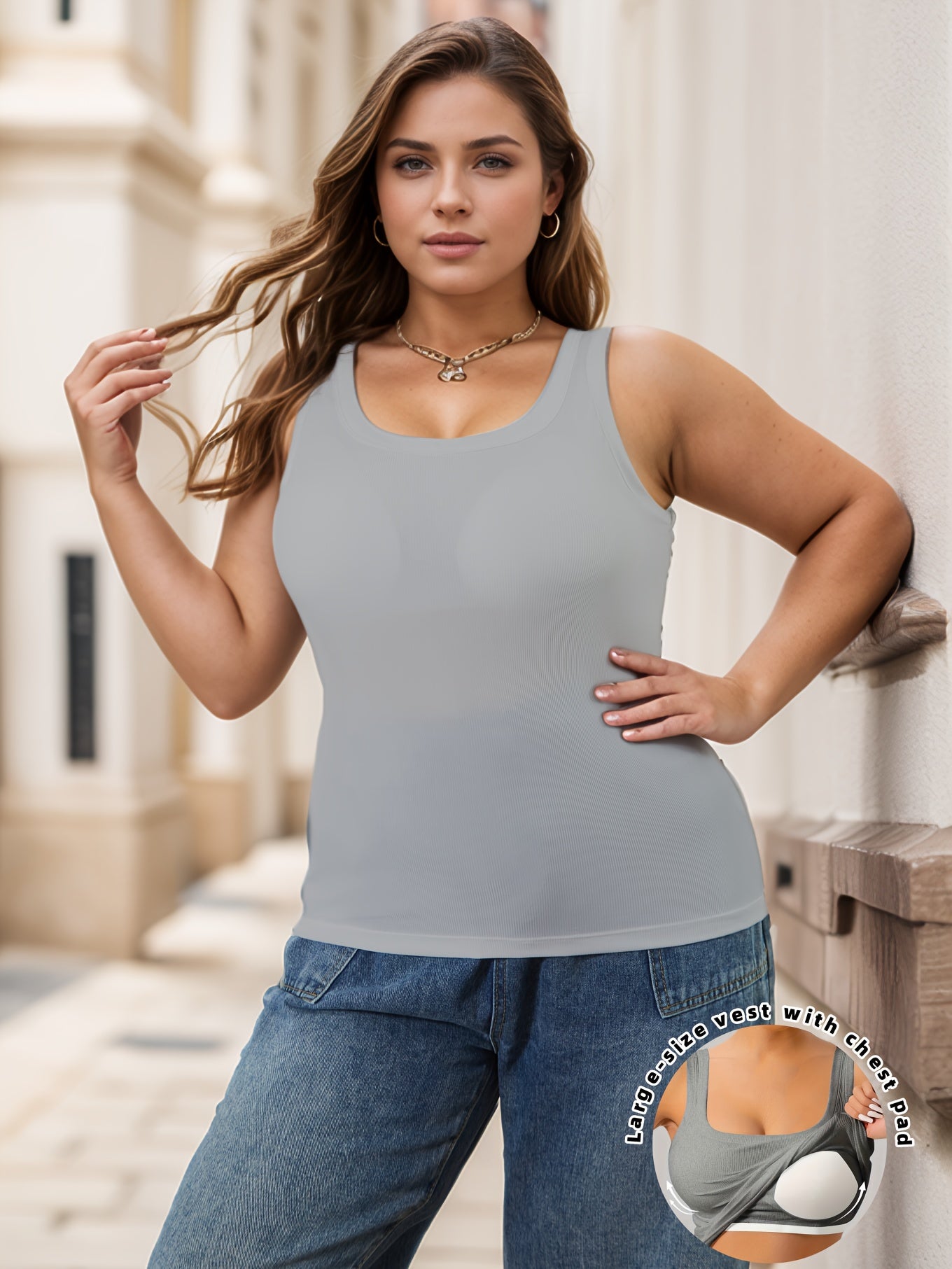 Plus Size Women's Cotton Ribbed Camisole with Built-In Padding and Chest Pad