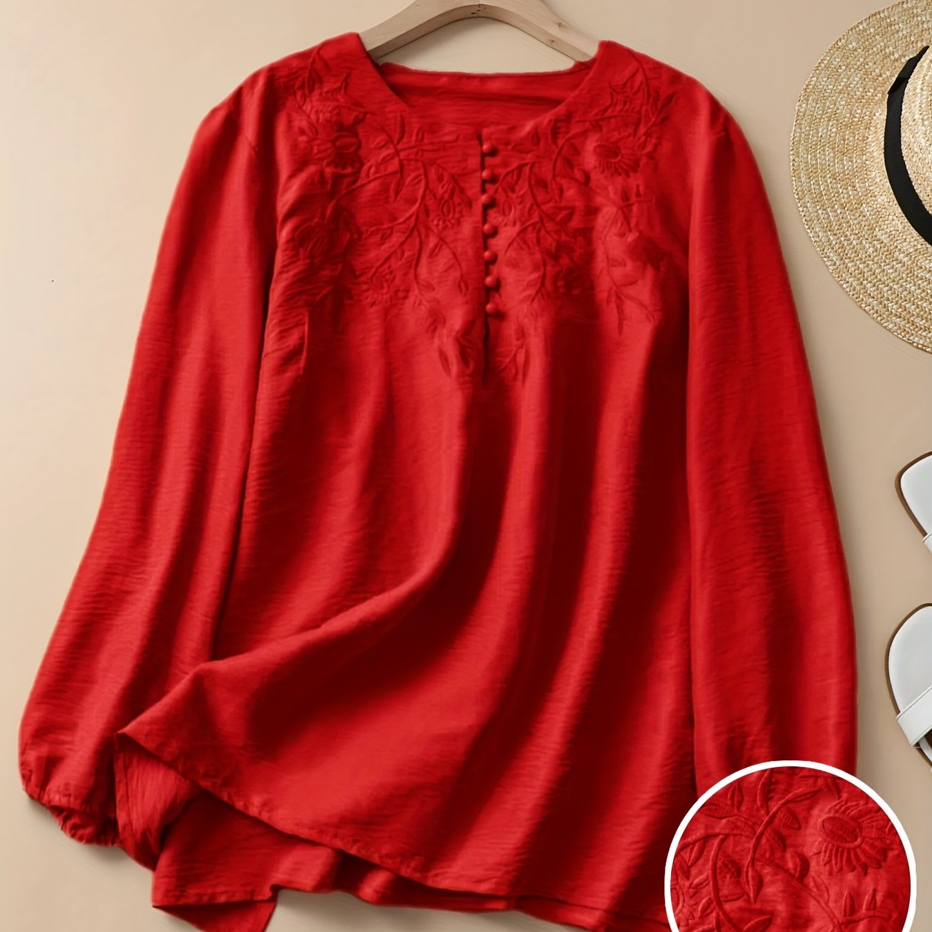 Floral Embroidered Long Sleeve Shirt for Women Made of Polyester and Spandex