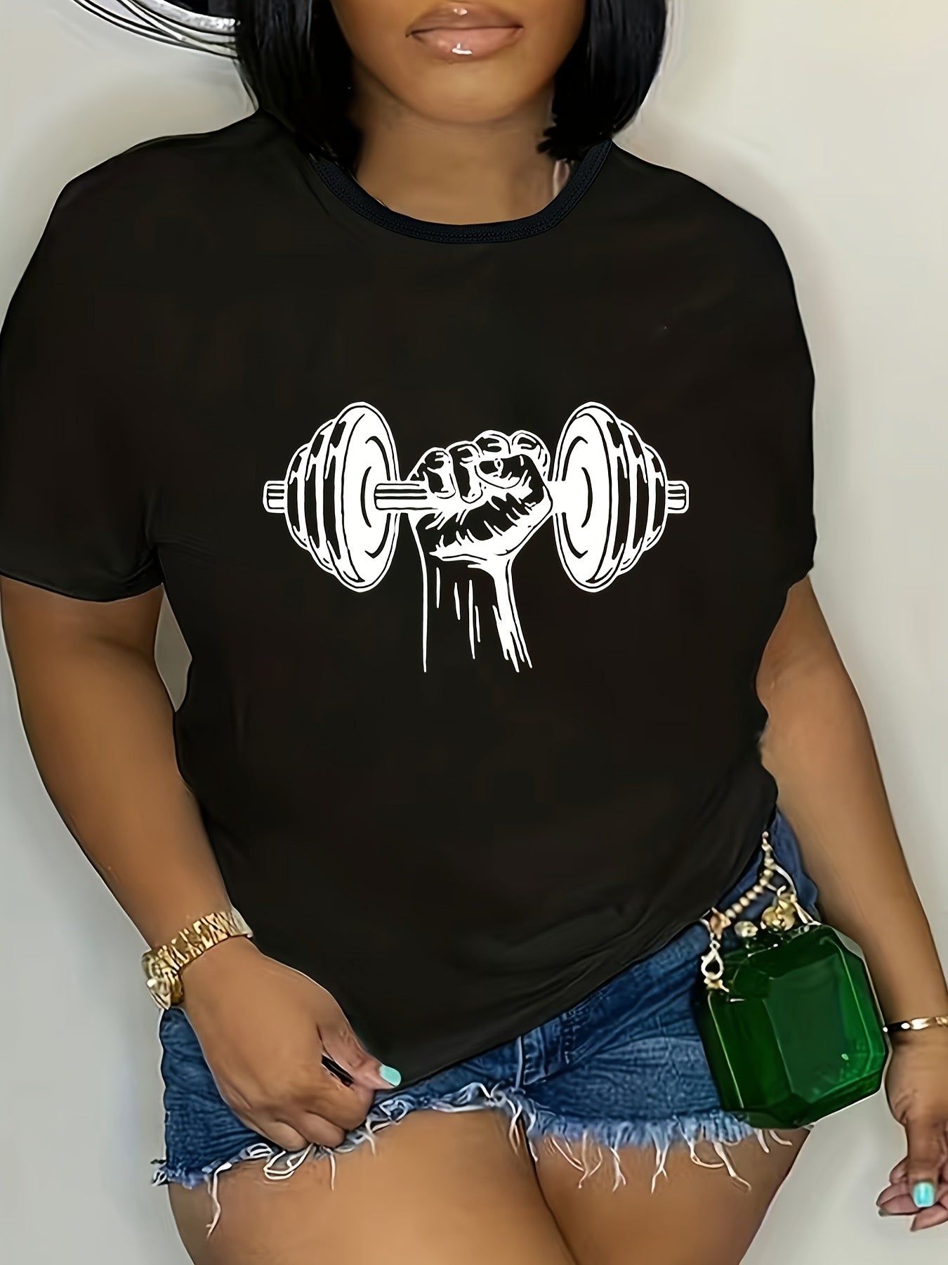 Plus Size Women's Black Graphic Dumbbell T-Shirt Sporty Workout Tee