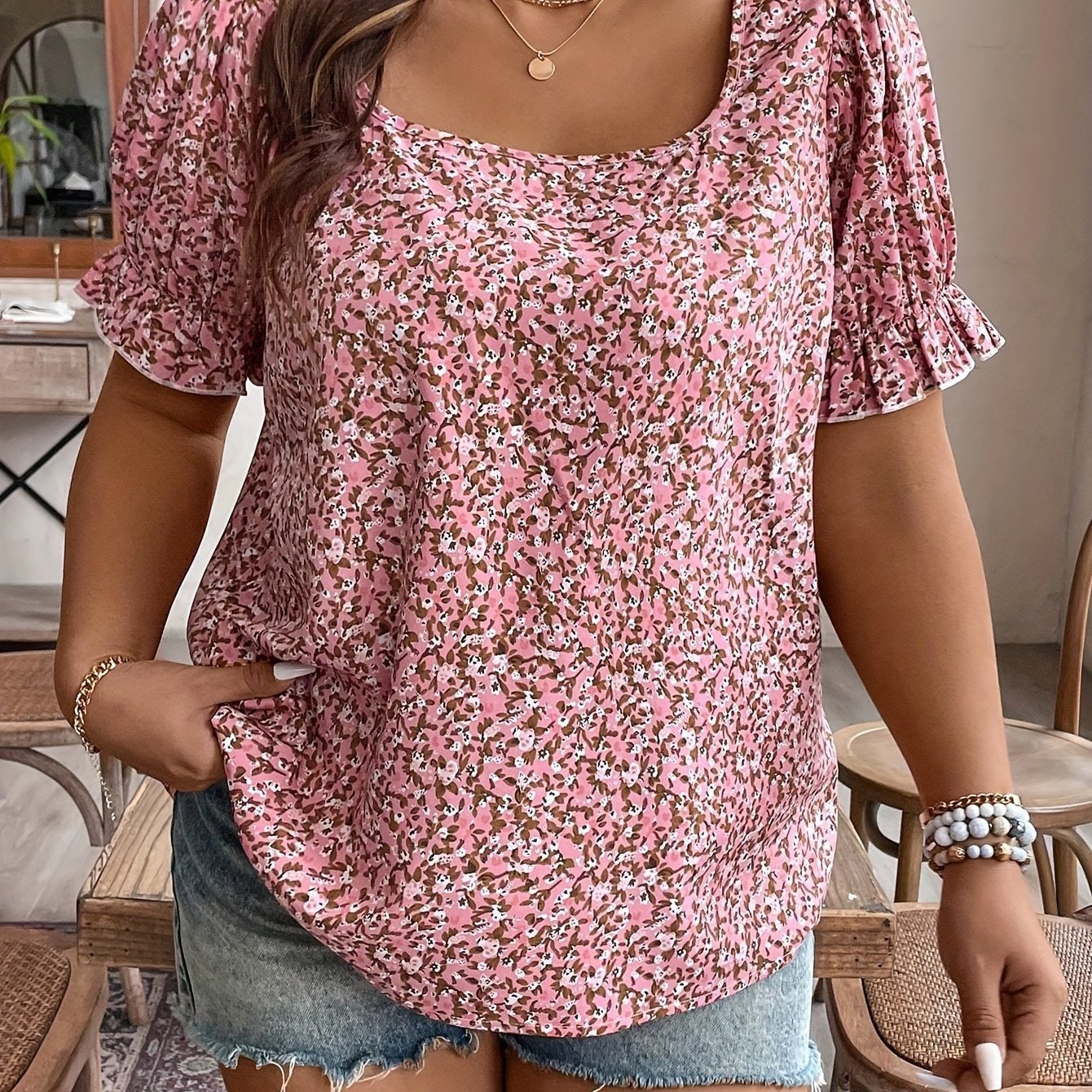 Women's Floral Square Neck Lantern Sleeve Vacation Shirt