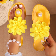Women's Slip-On Open-Toe Flat Sandals with Floral Embellishments in Yellow
