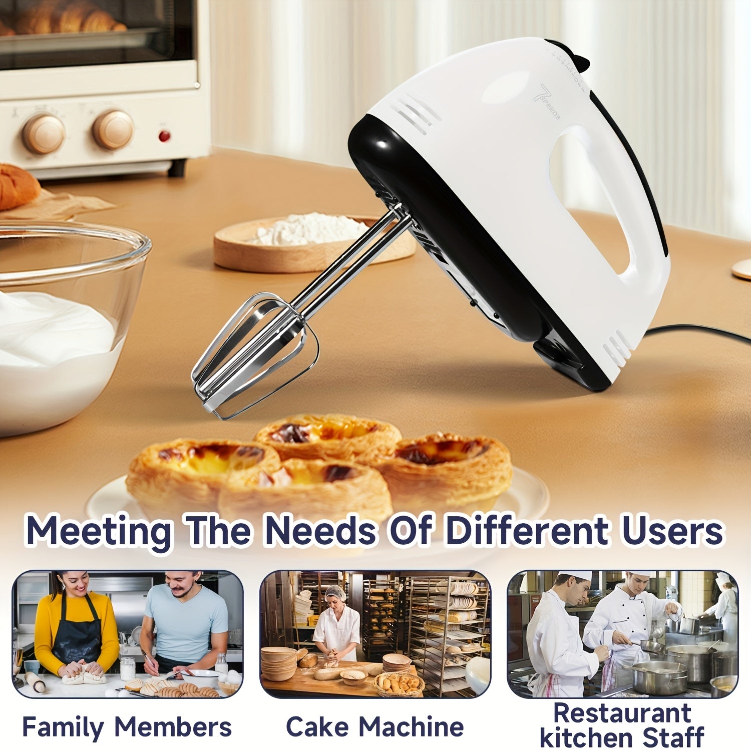Electric Handheld Mixer Stainless Steel 15-Speed Portable Kitchen Appliance