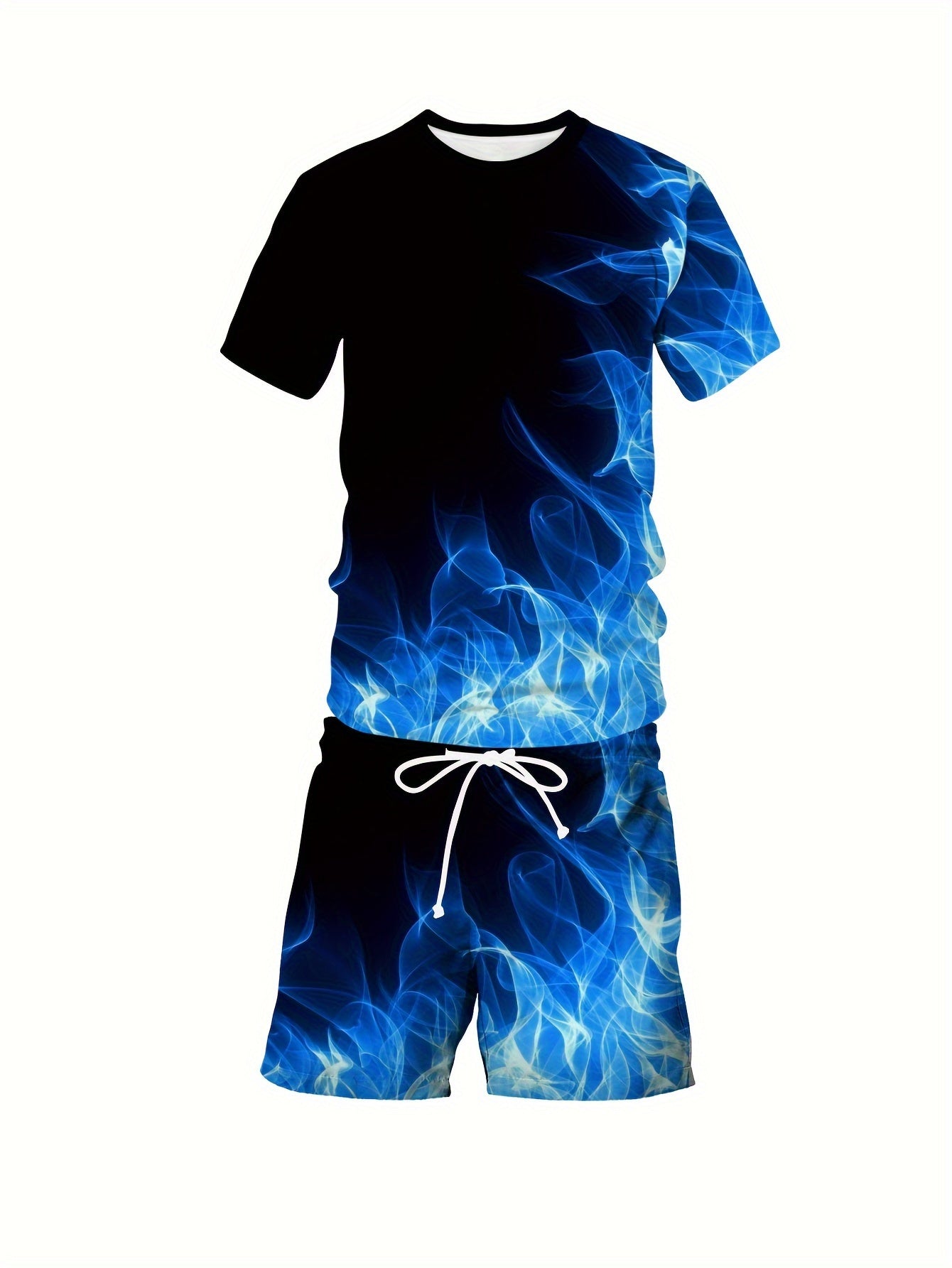 Plus Size Men's Summer Outfit Flames Print T-Shirt and Shorts Set Casual Lightweight