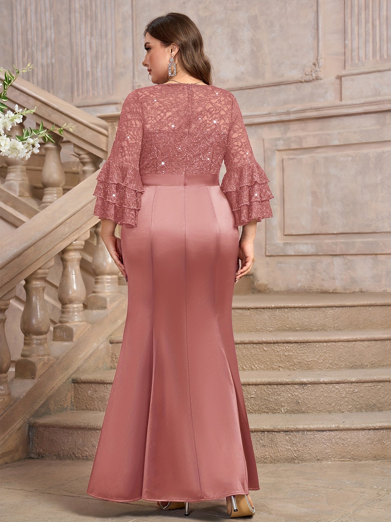 Plus Size V-Neck Sequin Lace Mermaid Dress for Weddings and Parties Navy Blue