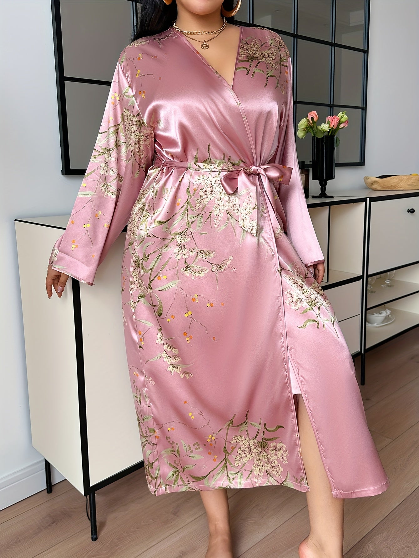 Women Plus Size V-Neck Tie Front Long Robe Floral Print Polyester Lounge Sleepwear