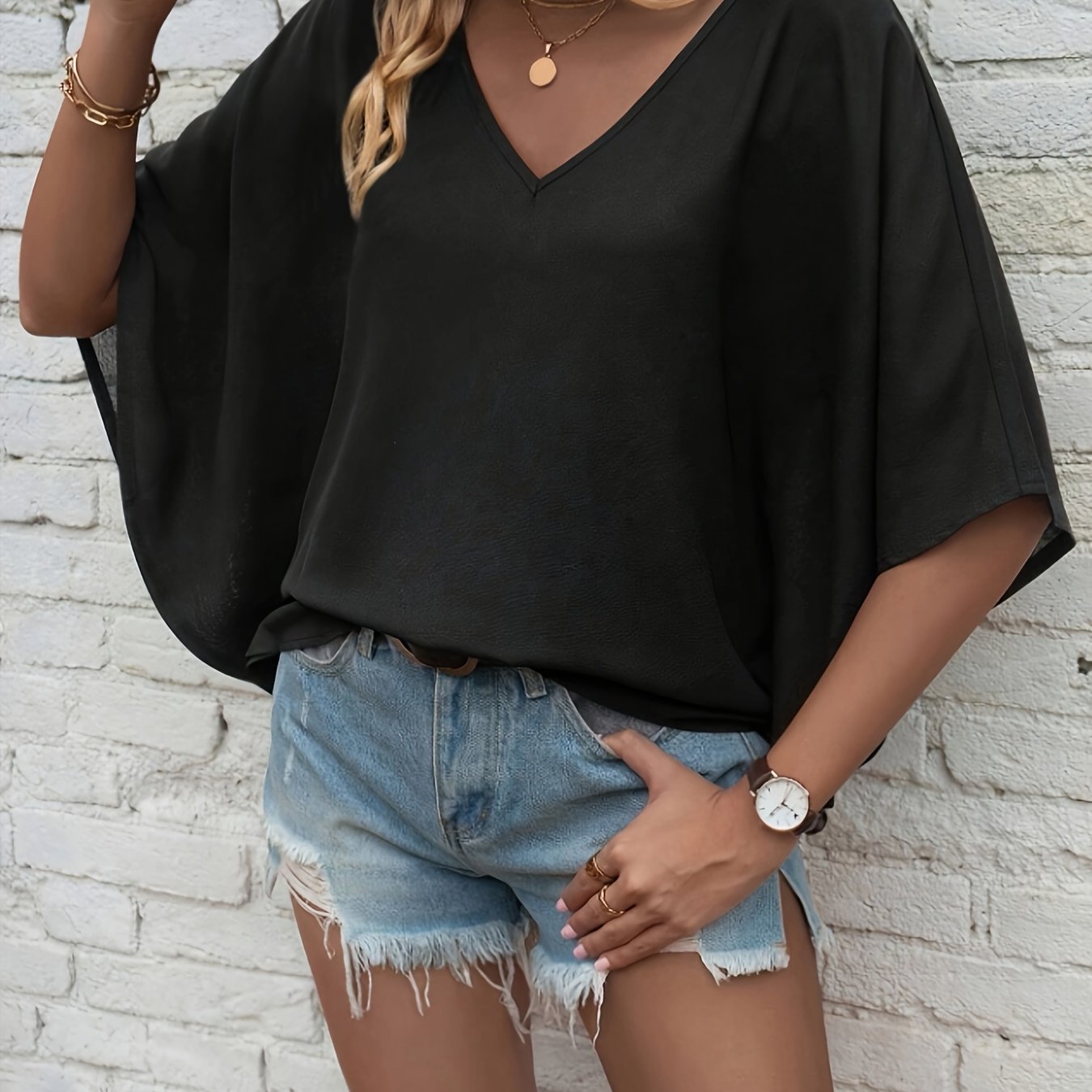 Women's White V-Neck Batwing Sleeve Blouse Casual Short Sleeve Loose Fit