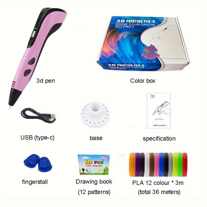 Kids 3D Printing Pen Digital Display USB-Powered Pink Black Creative Art Gift