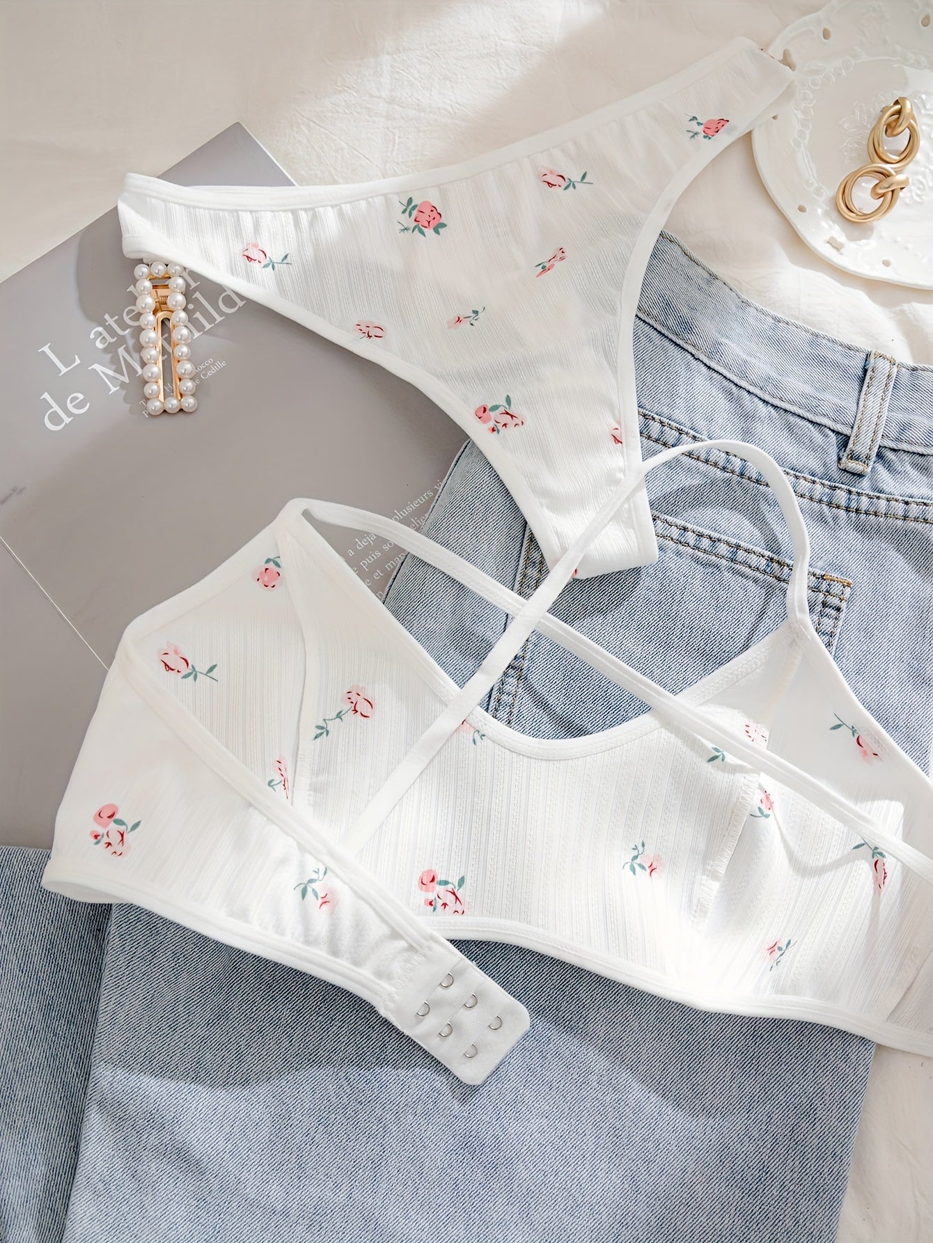 White Floral Print Lingerie Set with Embroidery and Cross-Back Design