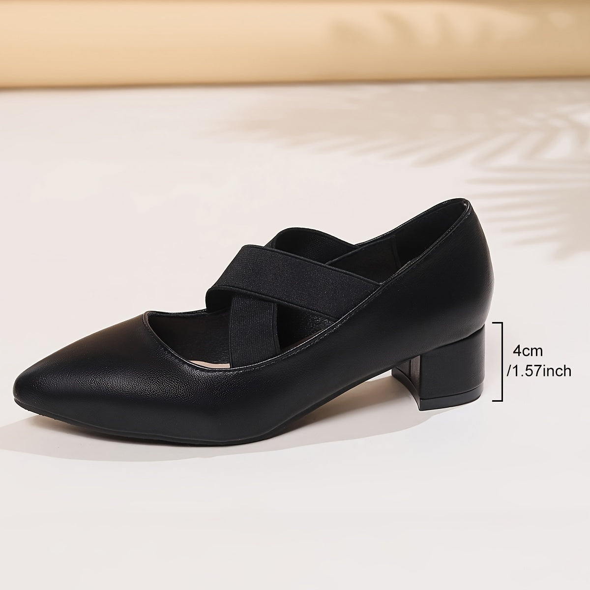 Women's Black Pointed Toe Pumps with Cross Straps and Chunky Heel