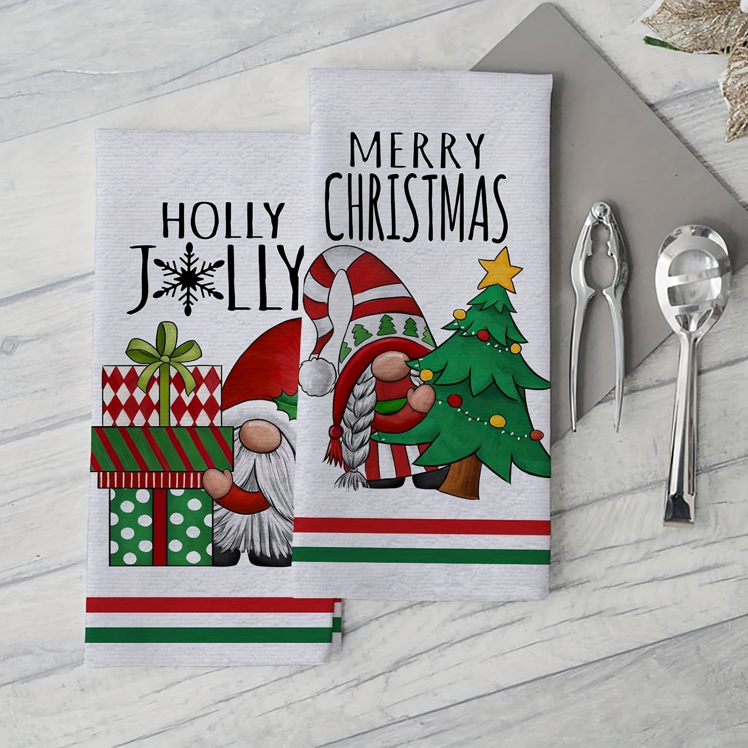 Set of 2 Christmas Gnome Kitchen Towels Red Green Holiday Hand Drying Baking 18x28 Inches