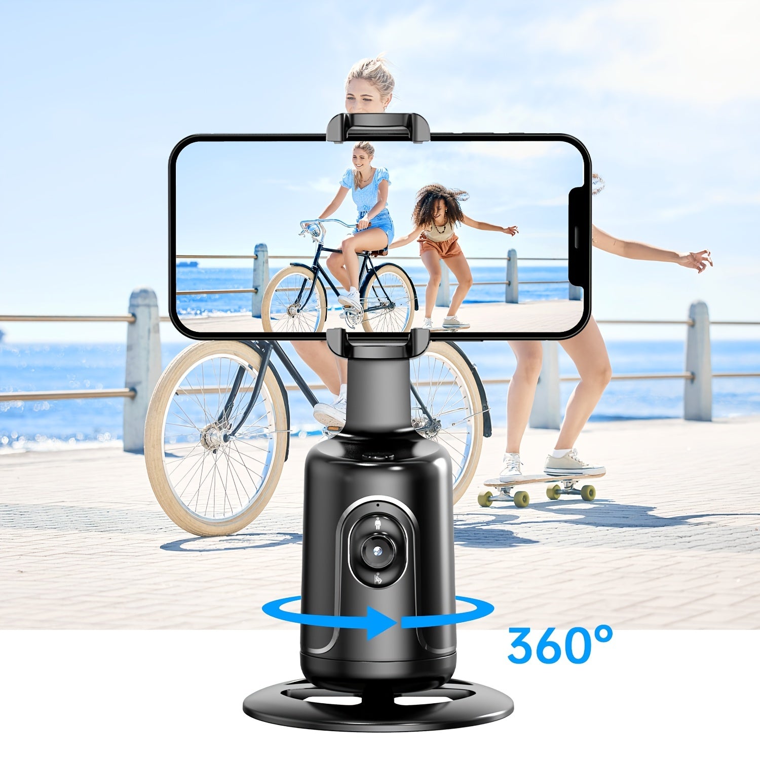 Self-Tracking Phone Tripod with 360° Rotation No App Needed Rechargeable Battery Black
