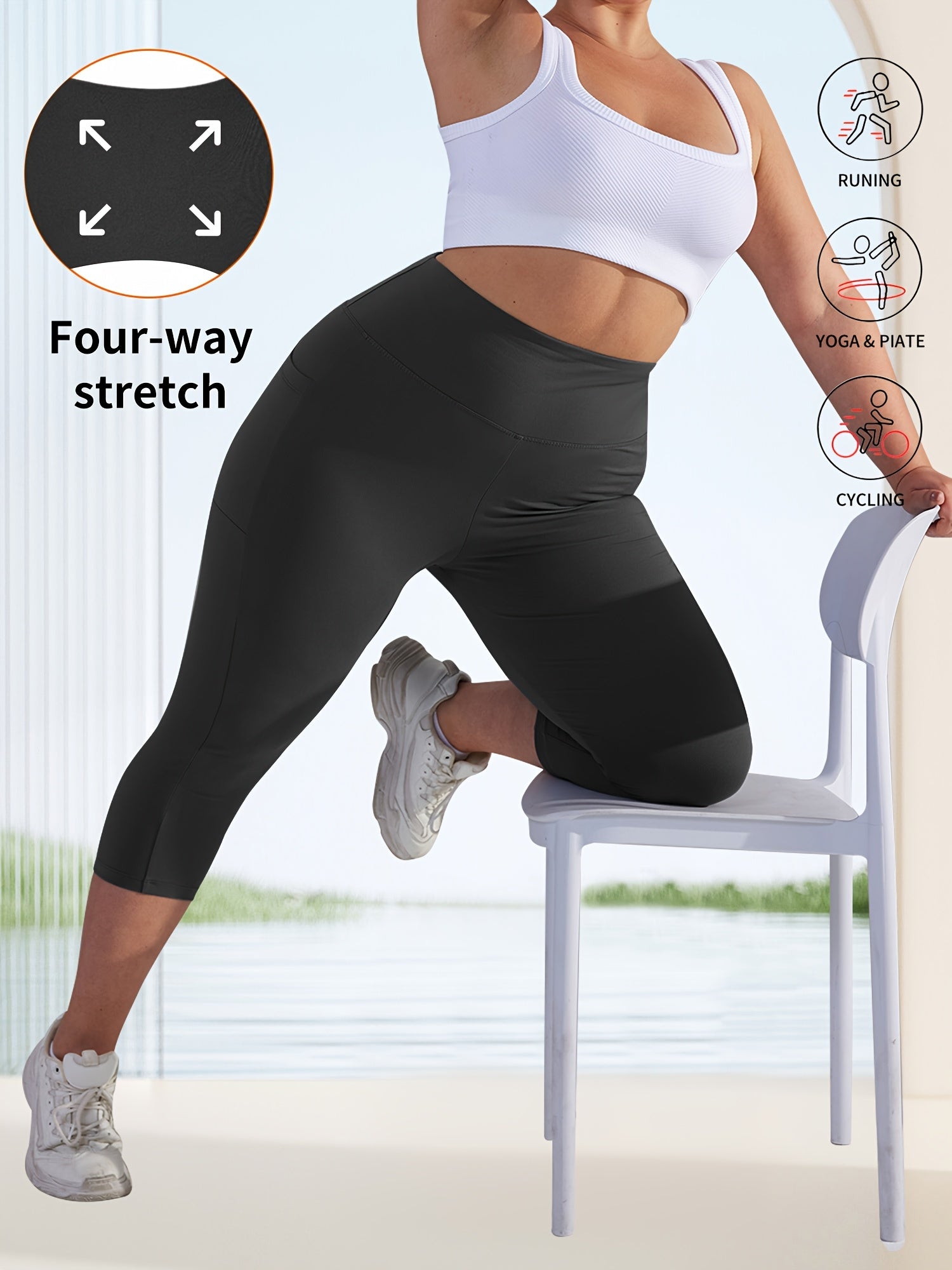 Женские капри-лосины большого размера с высокой талией и карманами, из полиэстеровой смеси, тёмно-синий