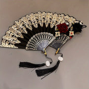 Golden Foil Folding Fan with Baroque Rose Design and Tassel for Women