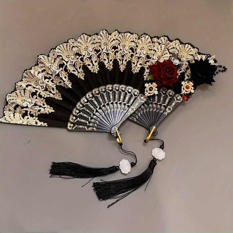 Golden Foil Folding Fan with Baroque Rose Design and Tassel for Women