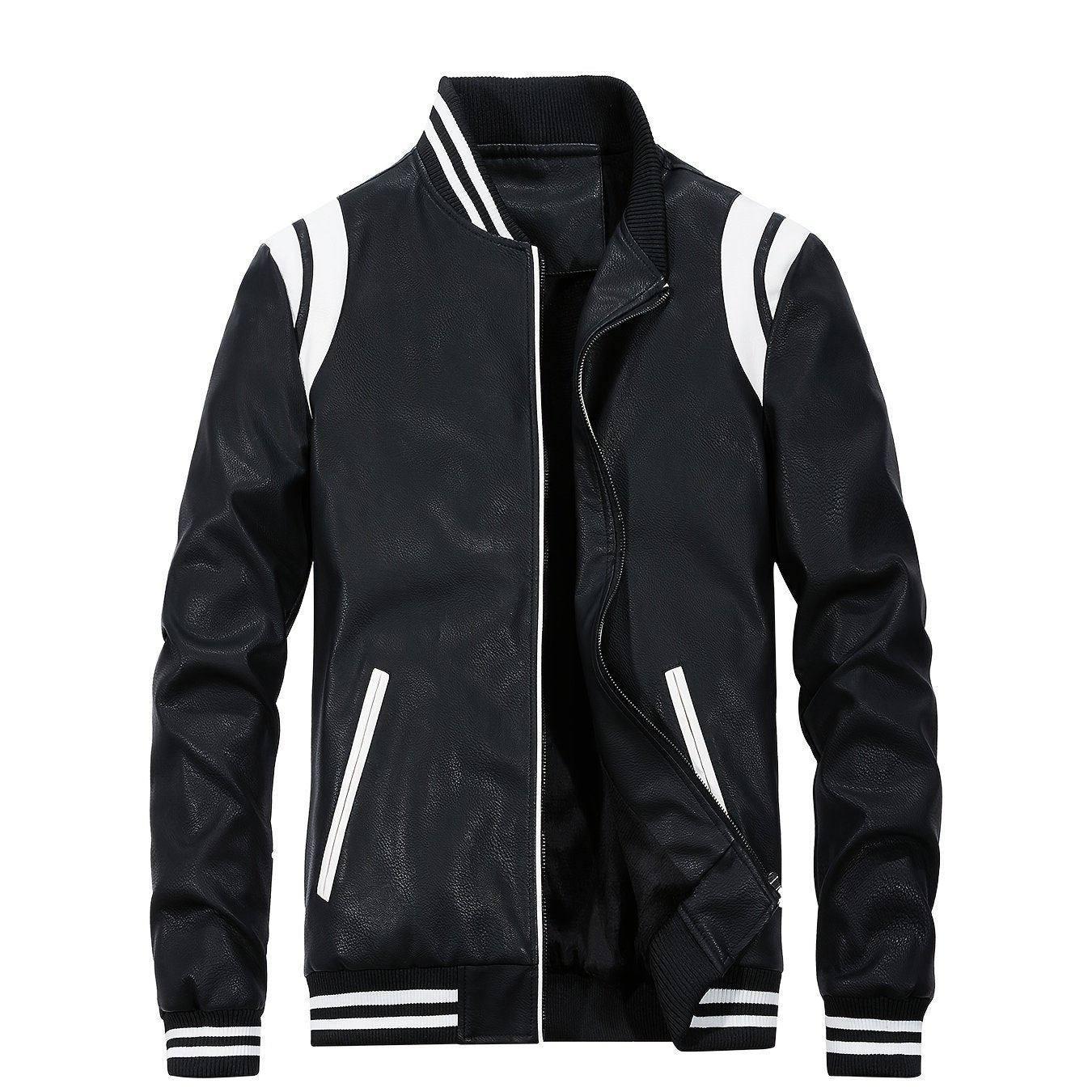 Erkaklar uchun sun'iy charm kurtka, klassik dizayn, retro uslubidagi fermuarli, turli xil yenglar, chiziqli aksentlar va har kuni kiyish uchun mashinada yuviladigan polyester aralashmasi.