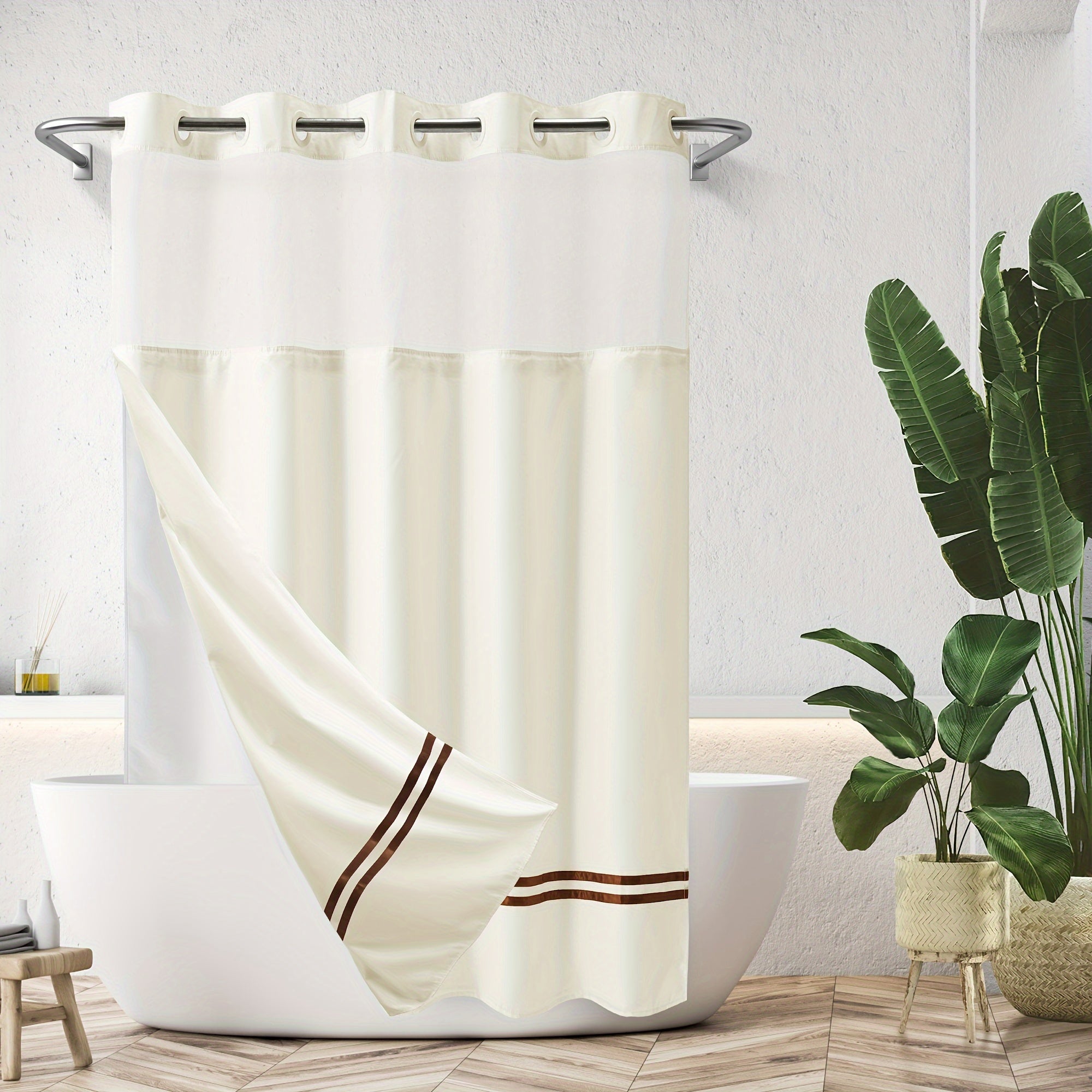 Chiziqli dush pardasi, snap-in astar bilan, tutqichlar talab qilinmaydi, mashinada yuvish mumkin, shaffof yuqori deraza bilan birga. Hammom bo'linmasi va aksessuarlar uchun ideal.