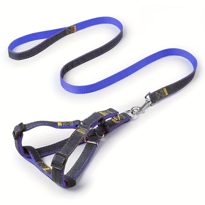 Adjustable Denim Dog Harness and Leash Set for Small to Large Breeds Polyester