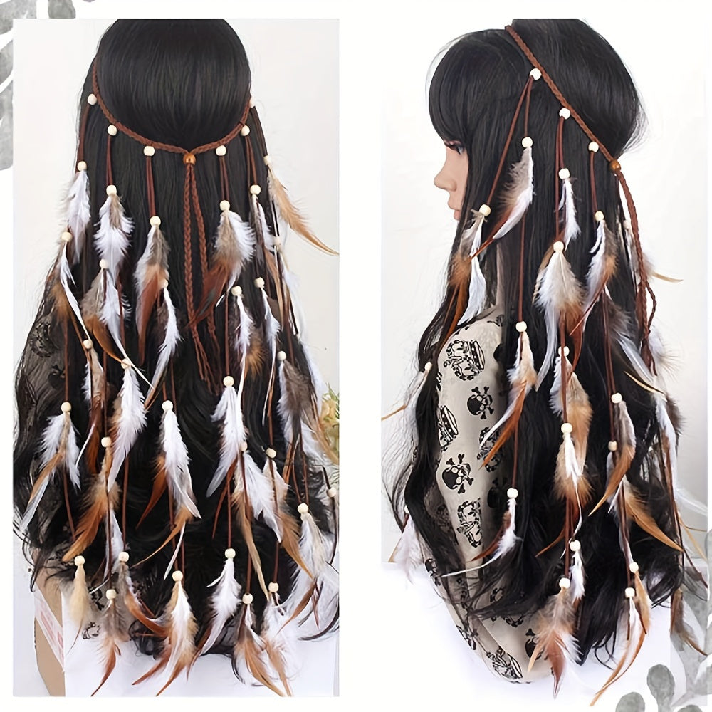 Bohemian Style Headband with Faux Feathers Tassels Festival Hair Accessory for Women and Girls