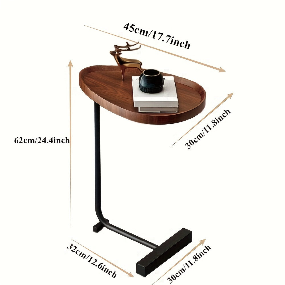 Mesita lateral en forma de C con tapa de madera dura y estructura de metal para sala de estar o dormitorio