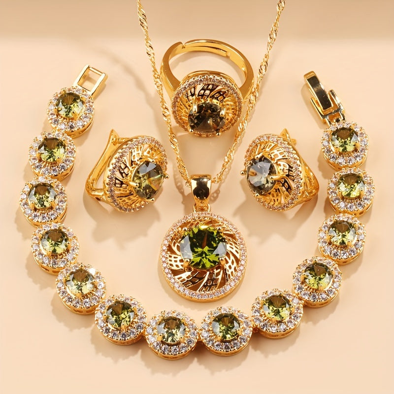 Nikoh zargarlik to'plami, 5 ta bo'lak, Kubik Sirkoniyalik taqinchoq, quloq taqinchoq, uzuk, bilaguzuk, yaproq dizayni, to'ylar va partiyalar uchun