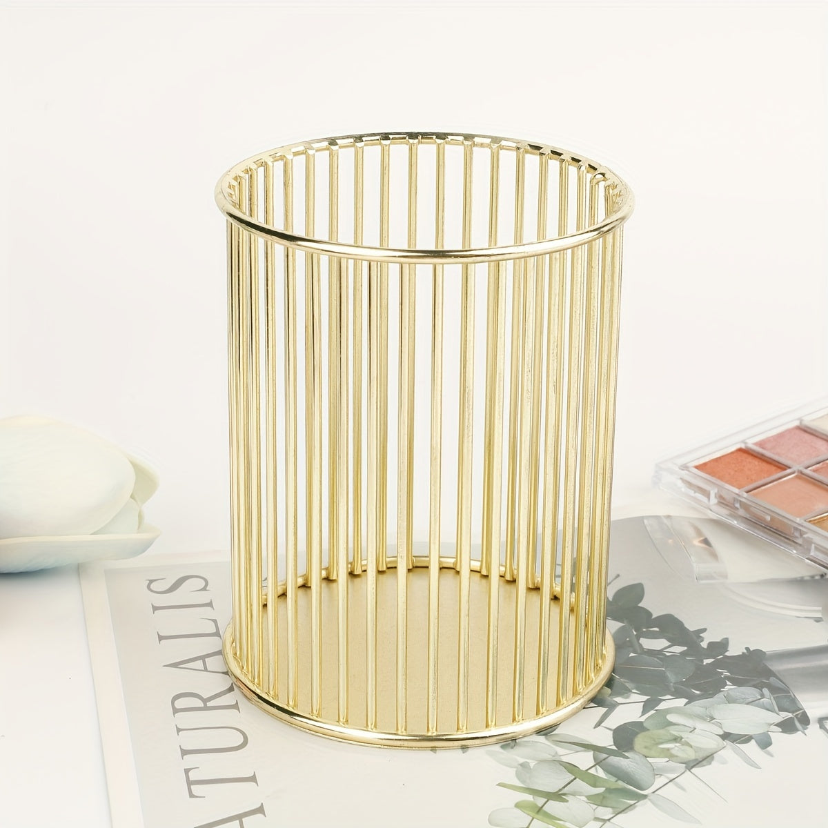 Golden Iron Makeup Brush Holder Rust Resistant Polished Finish Desktop Organizer