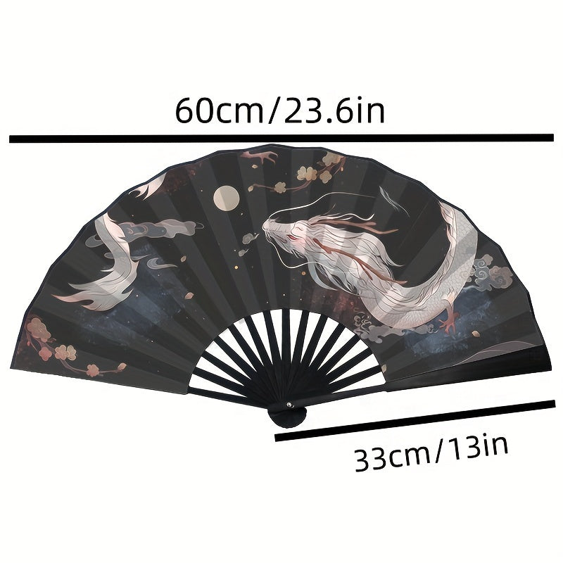 Silk Folding Fan with Chinese Feng Shui Ink Design Bamboo White Dragon Pattern Elegant Summer Accessory