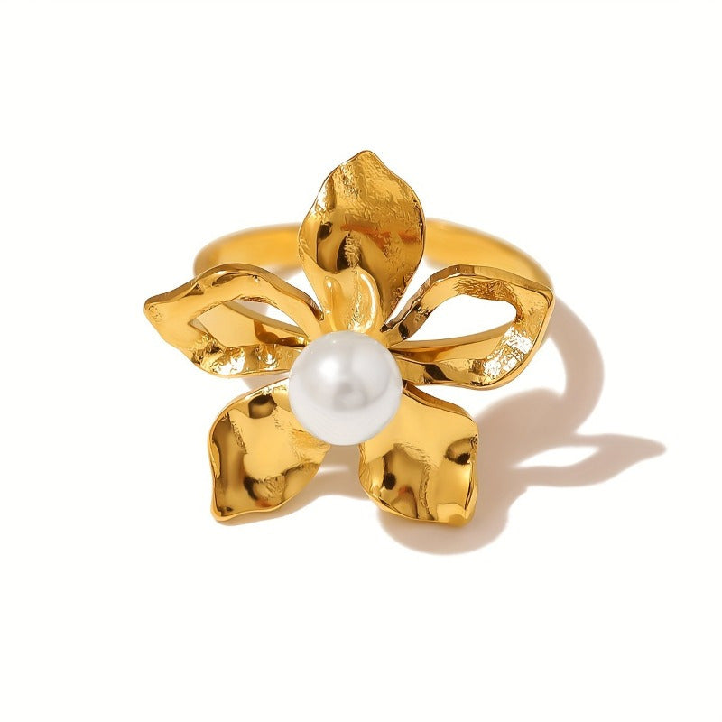 Women’s Titanium Steel Ring with Open Flower Design and Imitation Pearl