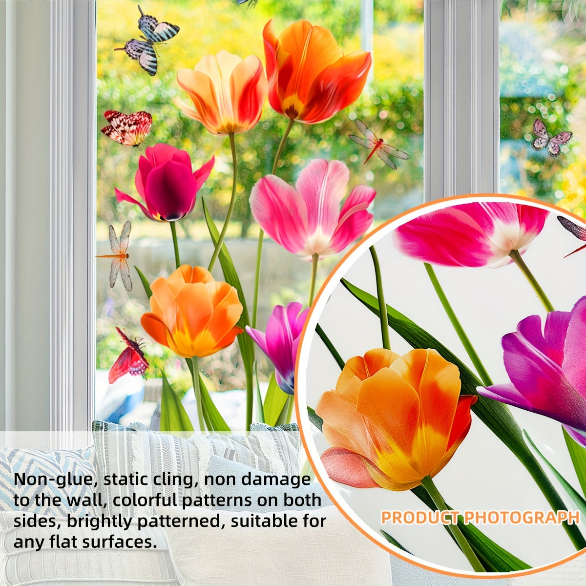 Vibrant Tulip Window Cling Dual-Sided Electrostatic Glass Decal for Home Office Decor