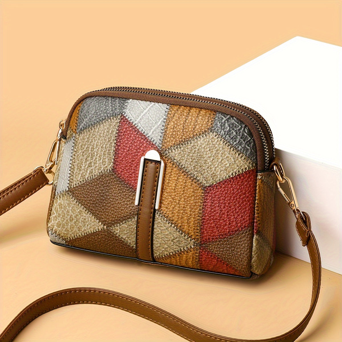 Women's Colorblock Crossbody Bag with Retro Rhombus Pattern PU Zipper Adjustable Strap