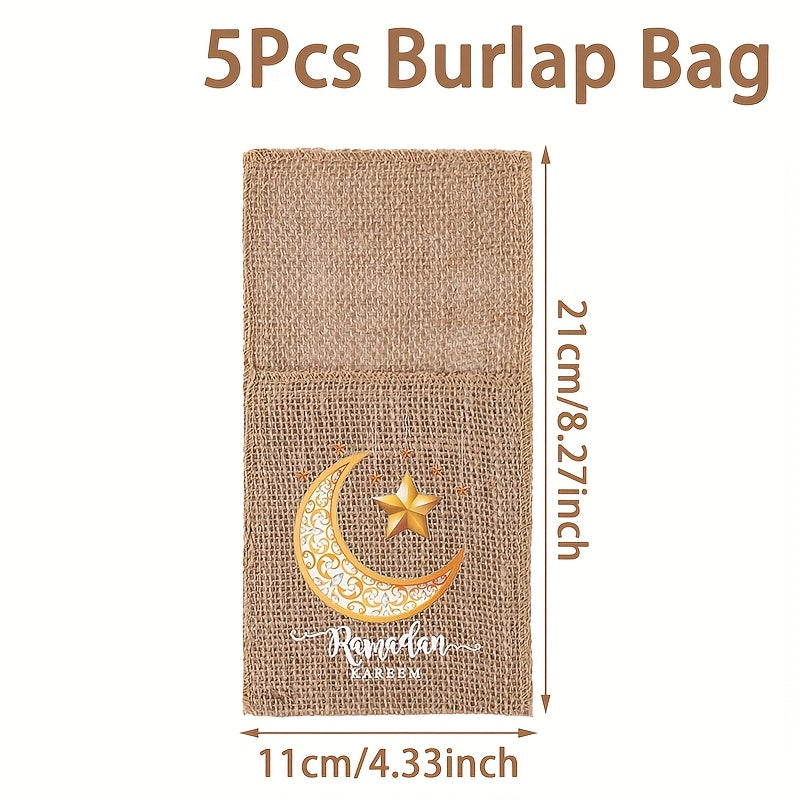 Juego de 5 bolsas de regalo de arpillera Eid Mubarak con linterna de luna y diseños de estrellas para suministros de fiesta de Ramadán
